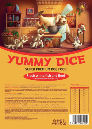 Корм сухой для собак Белая рыба и Говядина "Yummy Dice"